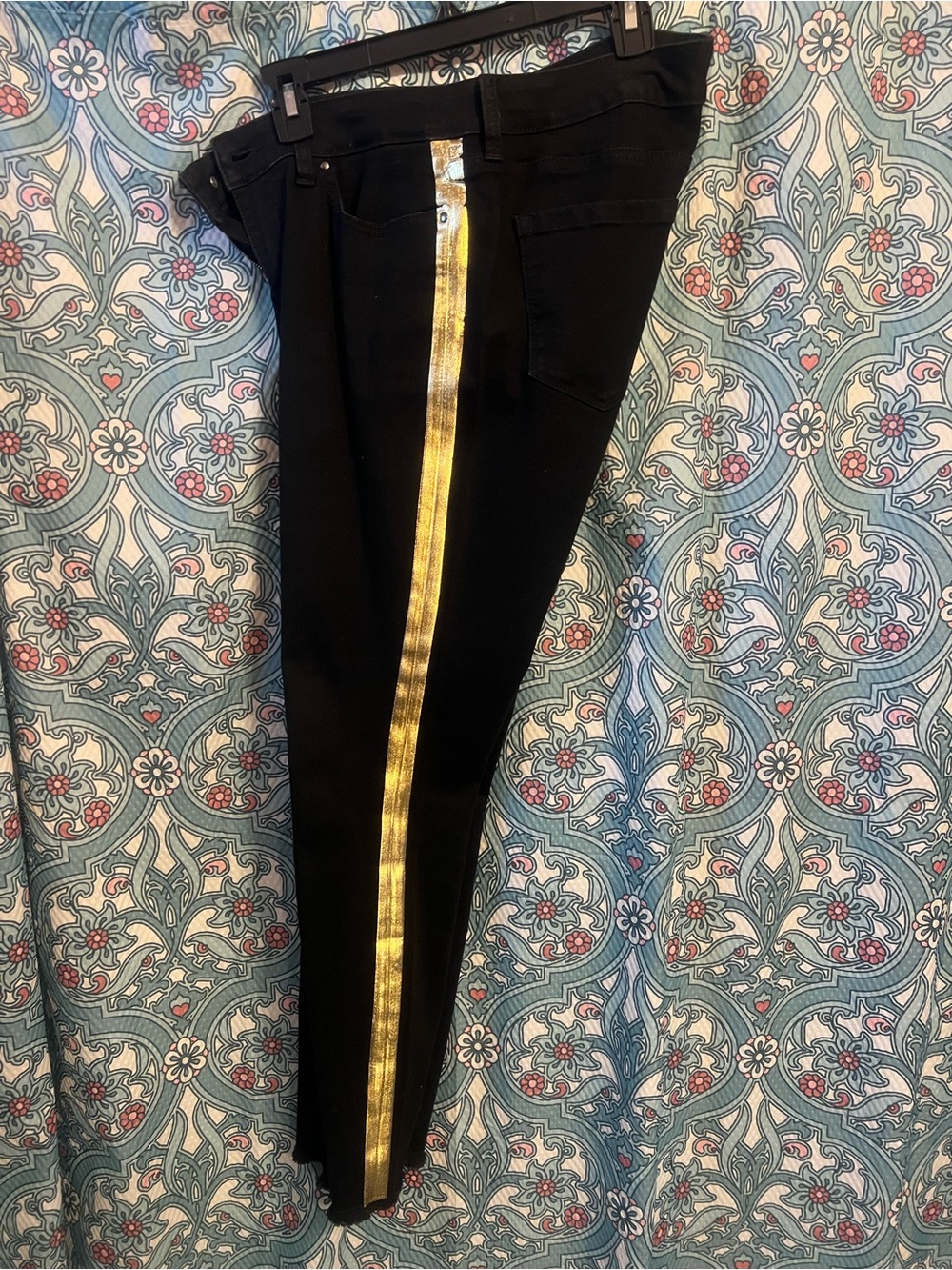 crown & ivy Black Skinny Pants with Gold Side Stripe